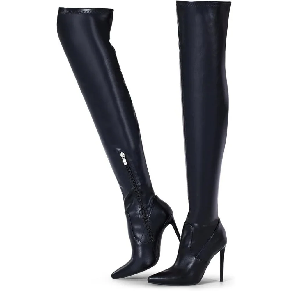 Women Black Matte Suede Pointed Toe 4.3 inch Stilettos Thigh High Heels Boots